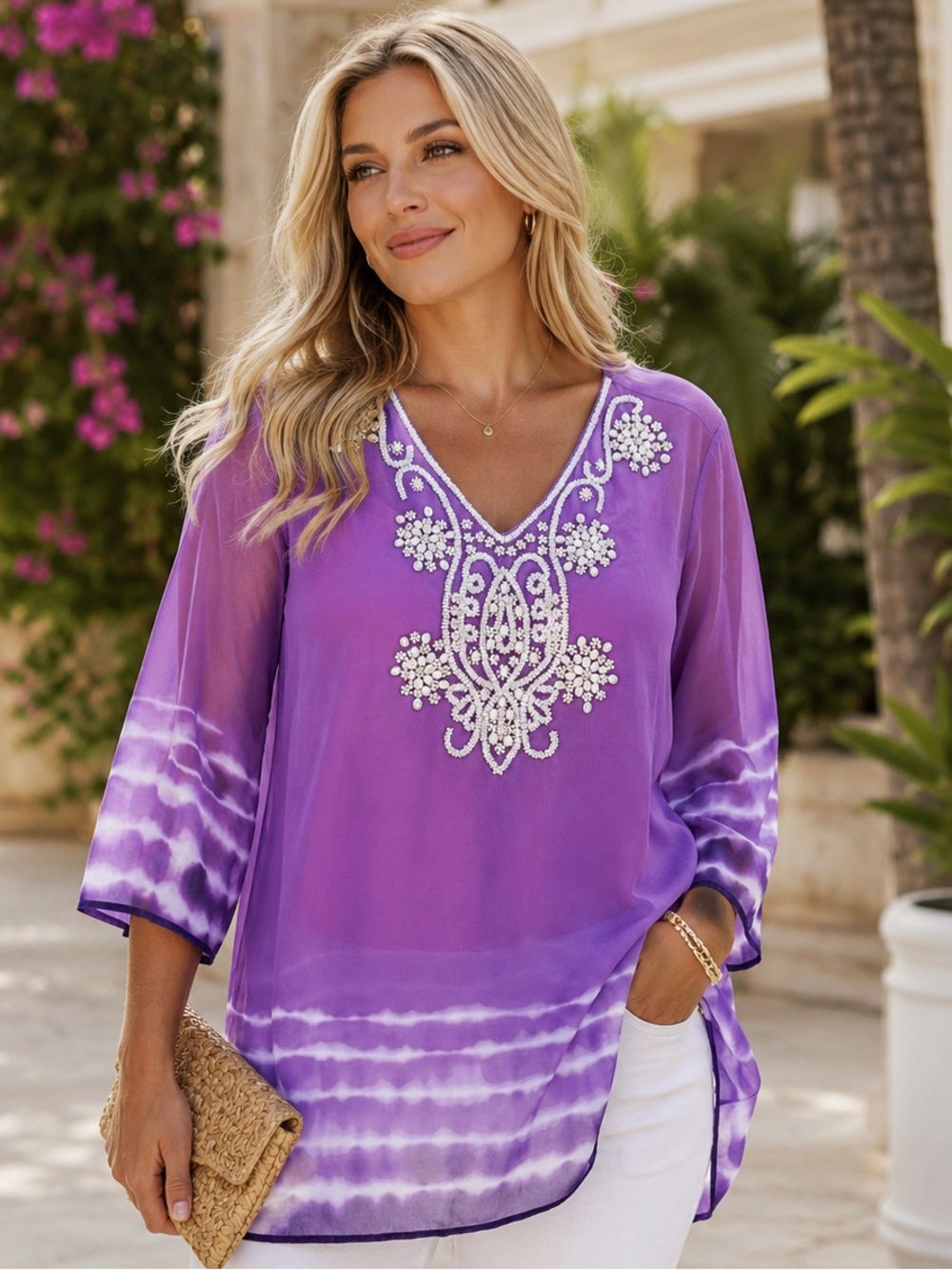 Chico’s Purple Beaded Faux Pearl Embellished Tunic Resort Boho Size 2 (12/L)